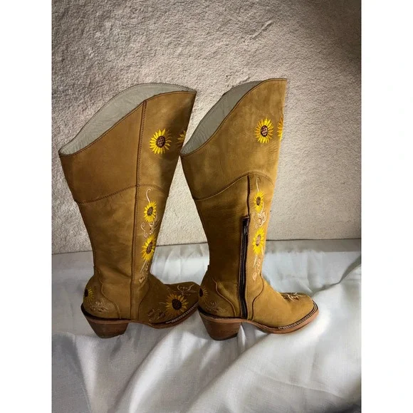 El General 1901 Sunflower Embroidered Tall Western Boots Tan Leather Womens 6 - Picture 6 of 13